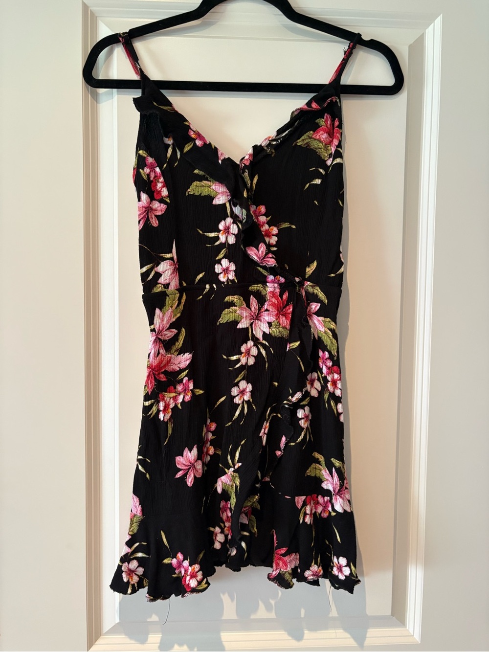 Bluenotes Black Floral Mini Dress with Pink & Green Floral Print - Size Small